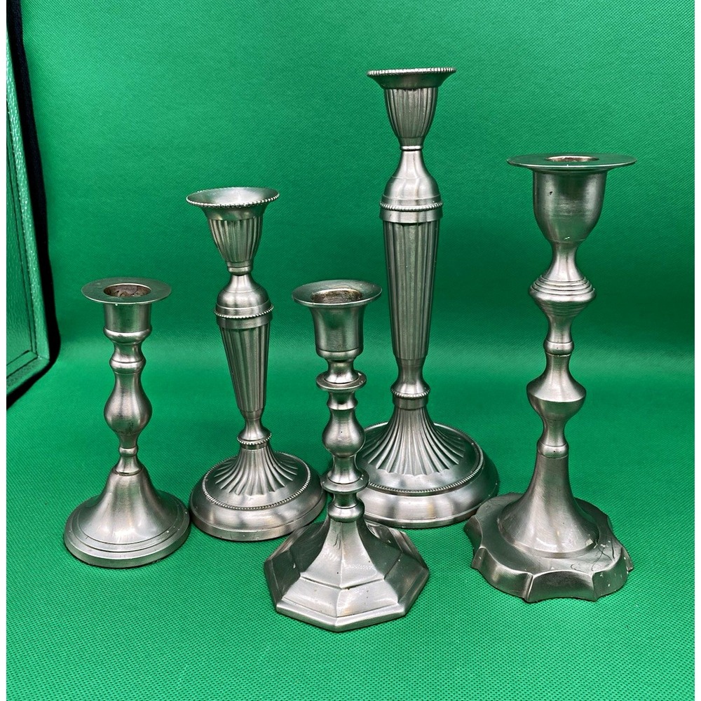 Set of 5 Silver Metal Vintage Candlestick Holders Taper w/ Felt Bottoms